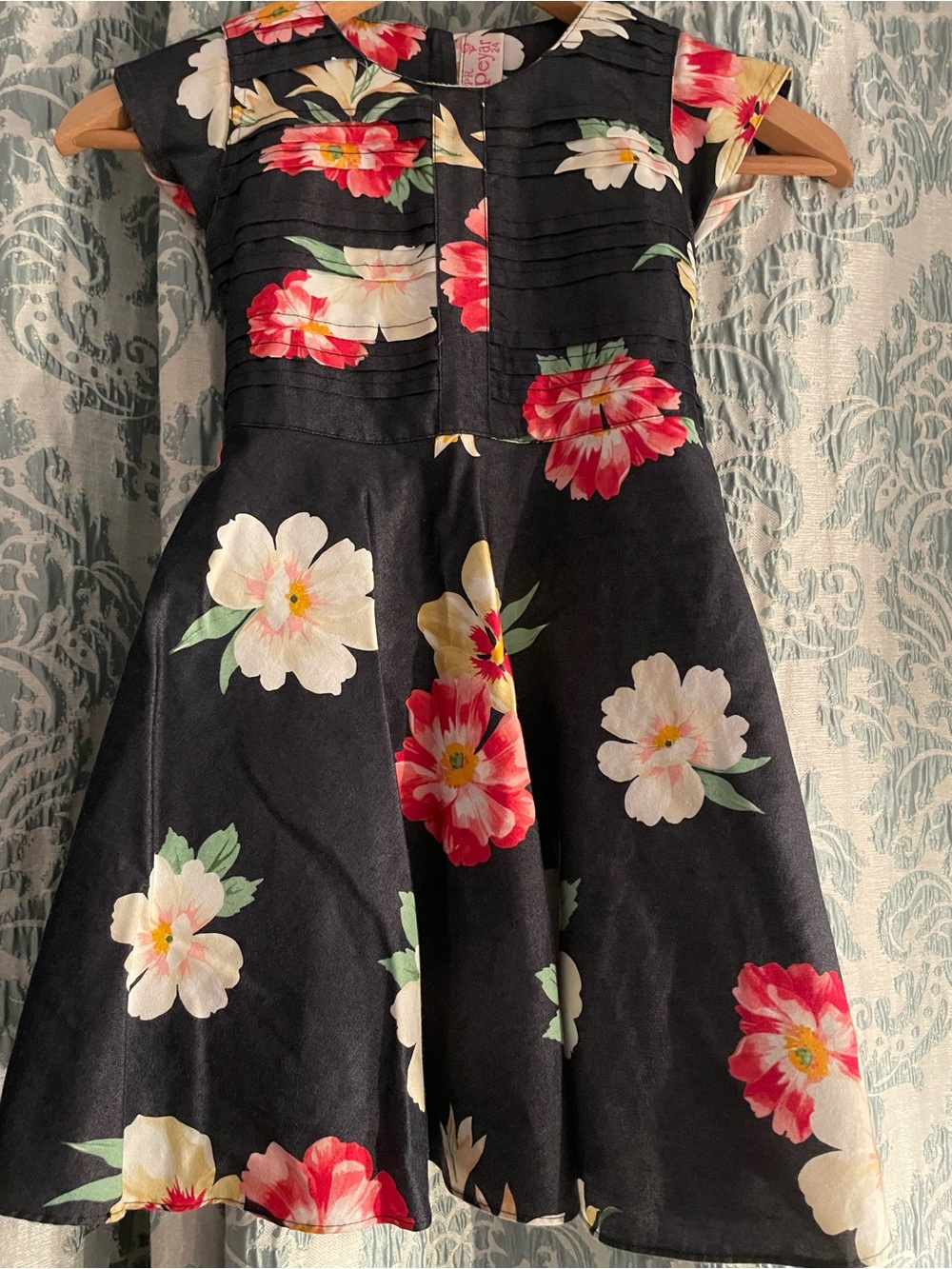 2-3 T Pleated Navy Blue & Floral Dress